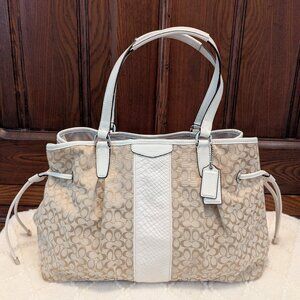 Coach Signature Tan Canvas White Leather Stripe Satchel Bag F31308